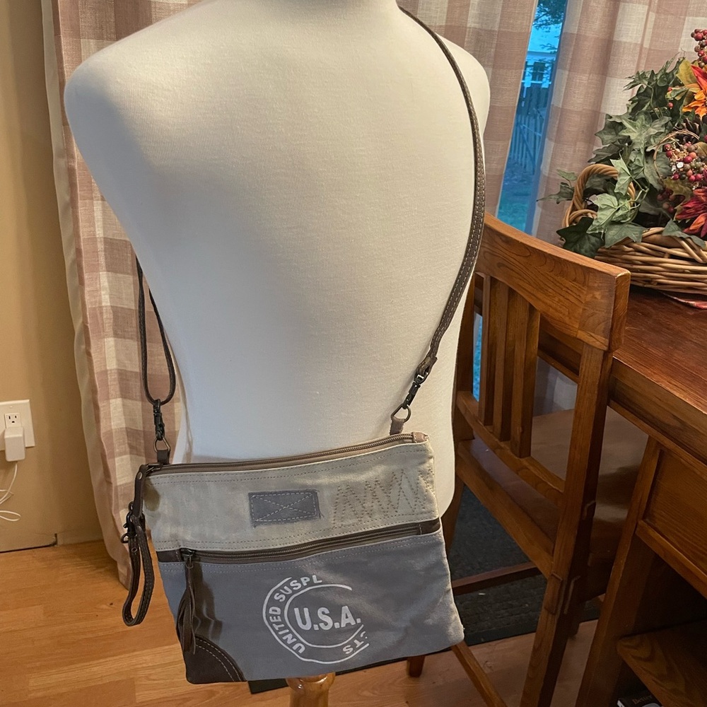 Myra Bag Gray and tan distressed canvas and leather convertible crossbody bag